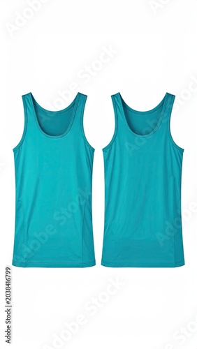 Two turquoise tank tops, front view, isolated white