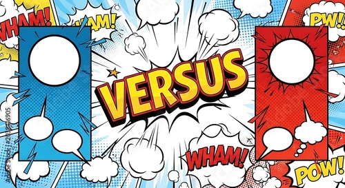 Dynamic Comic Book Versus Screen with Blue Red Panels and Action Sounds