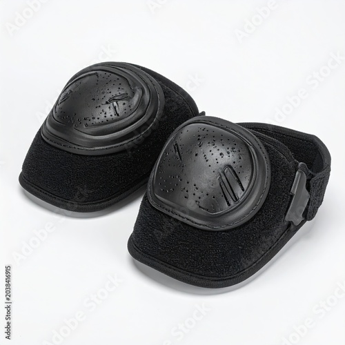 Pair of black protective knee pads, detail view on white