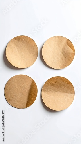 Four brown paper circles on a bright white surface