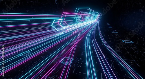 Dynamic Digital Data Flow with Glowing Neon Light Lines in Abstract Cyber Tunnel