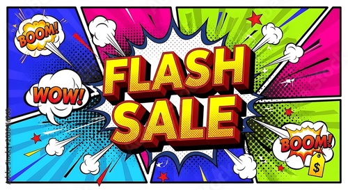 Dynamic Comic Style Flash Sale Banner with Exploding Speech Bubbles and Stars