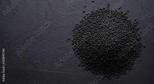 Dark sesame seeds piled on a textured black surface offering rich culinary potential