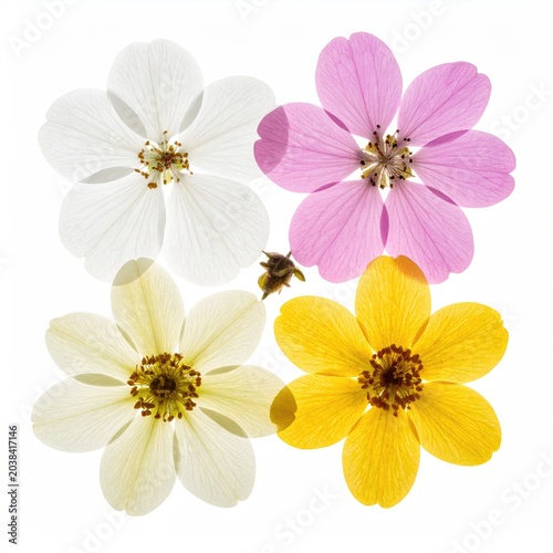 Four bright flowers, bee, white background