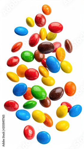 Colorful, coated candies in mid-air, isolated white