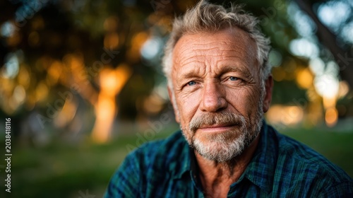 A mature man with a charming beard, smiling confidently in a vibrant outdoor setting, showcasing the beauty of aging gracefully and the joy of life through his expression.