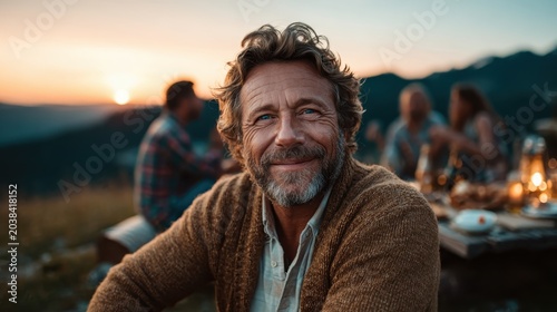 A smiling man enjoys a moment of warmth and camaraderie as the sun sets behind him, capturing the essence of friendship and relaxation in a serene outdoor gathering setting.