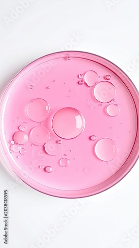 Pink liquid with bubbles in a clear circular container