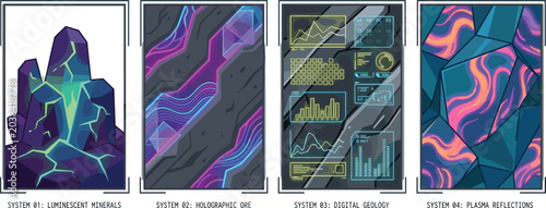 Foto Futuristic sci-fi digital geology vector set featuring luminescent minerals hol