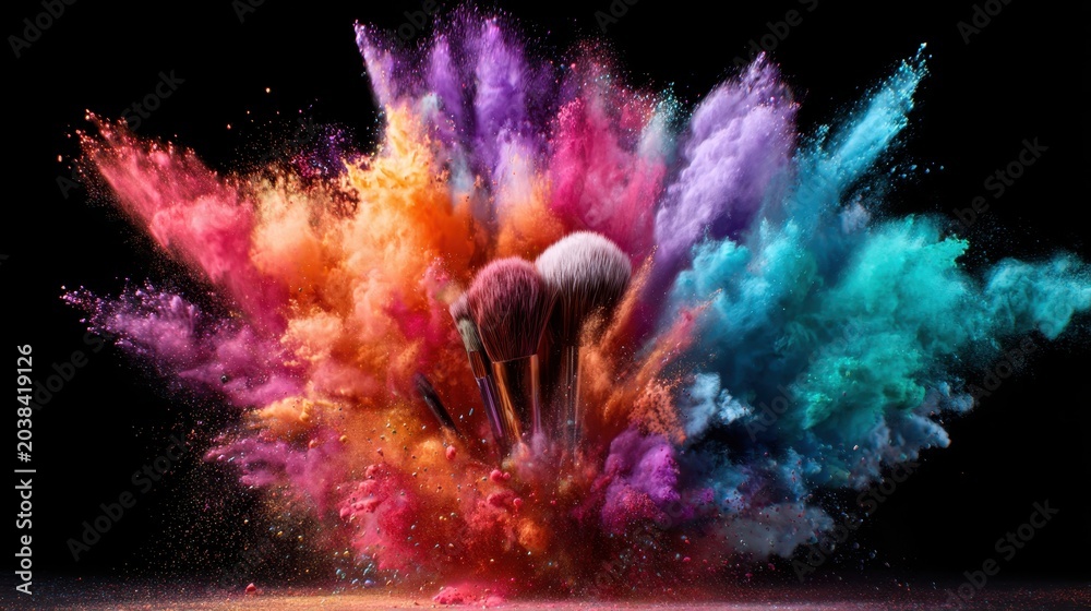 Fototapeta premium An artistic representation of vibrant makeup materials exploding in a mix of colors, showcasing beauty tools that capture the essence of creativity and self-expression.