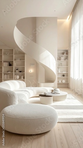 Modern, minimalist interior with spiral staircase