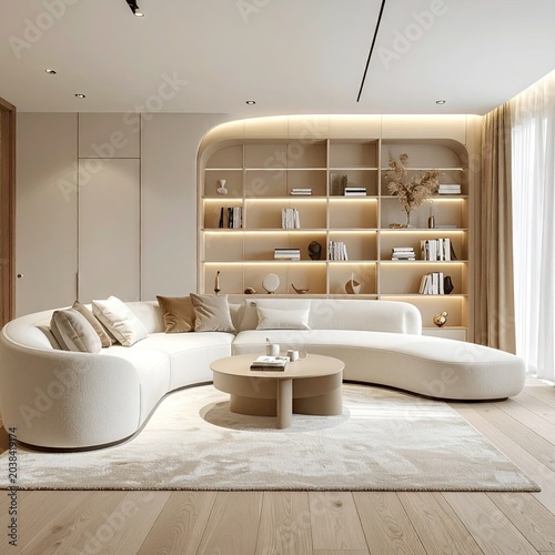 Modern living space with curved sofa and built-ins