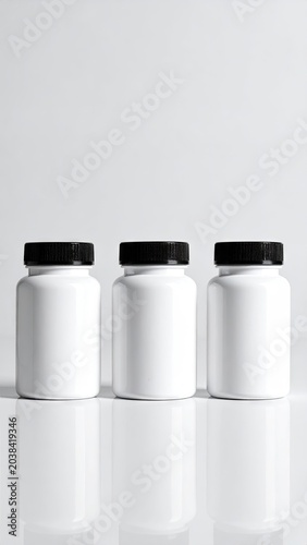 Three blank white pill bottles in a row, reflective