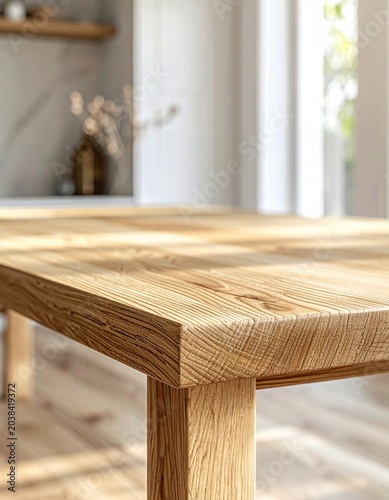 Close-up of a sunlit, solid wood table in a home