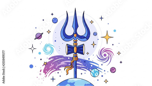 Tablou pe pânză A mystical trident rises above the Earth surrounded by vibrant celestial bodies and symbols