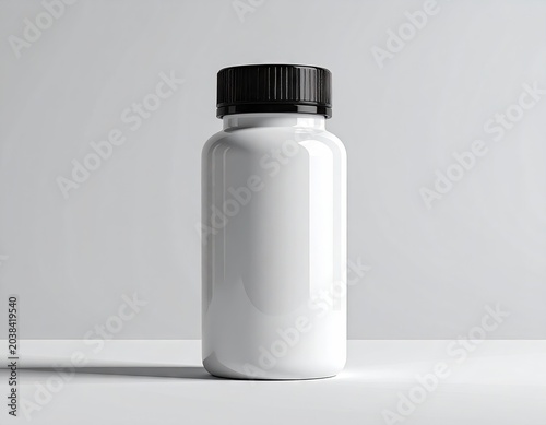 Glossy white plastic medicine bottle with black cap