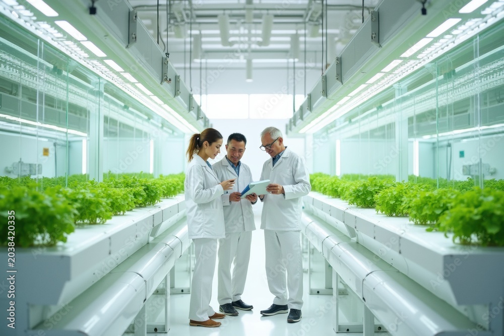 Fototapeta premium Agricultural Scientists Inspecting Hydroponic Plants in a Controlled Environment