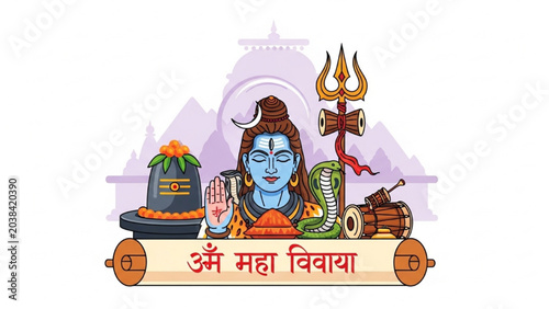 Foto Hindu God Shiva Sits in Front of Mountain with Trident and Drums