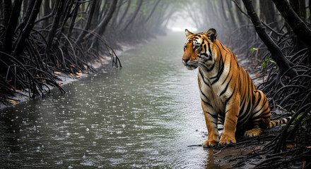 Majestic tiger sitting in a dark misty jungle forest