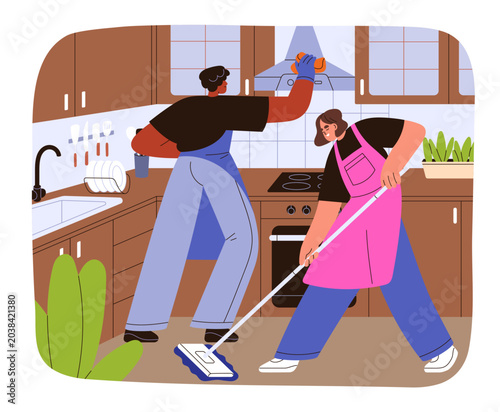 Family couple cleaning kitchen together. Woman mopping floor, man washing hoo...