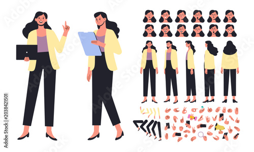 Editable business character set. Female office character with laptop and clipboard poses. Includes expressions, turnaround sheet, hand gestures and body elements.