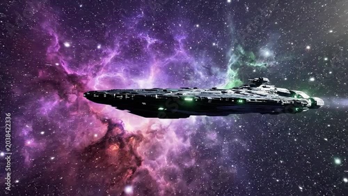 A sleek spaceship navigates through vibrant purple and green nebula in deep space