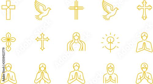 Tableau sur toile Set of gold christian religious line art icons featuring crosses doves praying people and spiritual symbols religion christianity