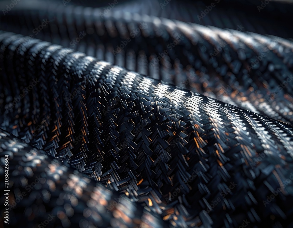 Fototapeta premium Close-up of a dark, woven material with a metallic sheen and subtle orange highlights.