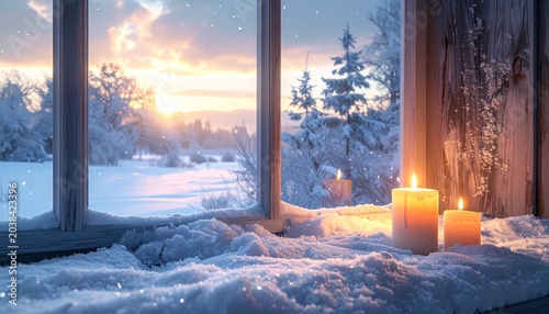 Cozy Winter Window with Candles and Snowy View