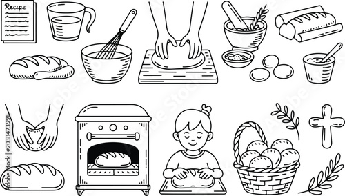 Foto Hand drawn baking bread icon set with recipe ingredients challah and religious s