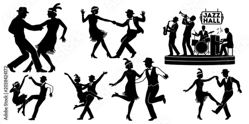 Photography 1920s jazz hall charleston dancing couple black silhouette scene set with flappe