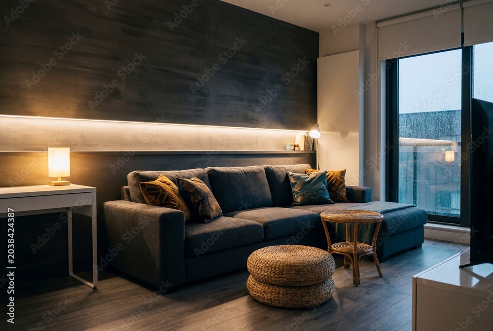 Fototapeta premium Moody Twilight Living Room with Cozy Ambient Lighting and Charcoal Wall
