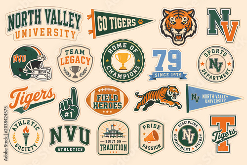 A collection of vintage college sports badges and emblems featuring tigers, football helmets, pennants, and university-themed logos in a retro style.