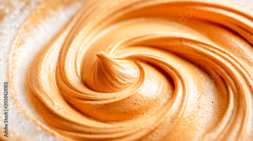A detailed macro photo of a smooth swirl of caramel or peanut butter cream with a glossy surface and a sharp peak in the center.
