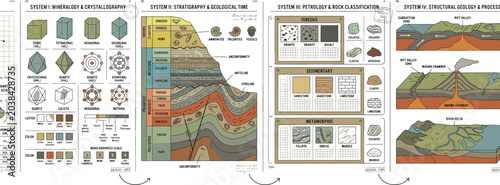 Tableau sur toile Vintage geology infographic chart vector bundle with stratigraphy layers mineral