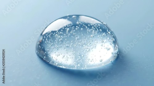 Macro Shot of Clear Cosmetic Gel Droplet with Air Bubbles on Pastel Background