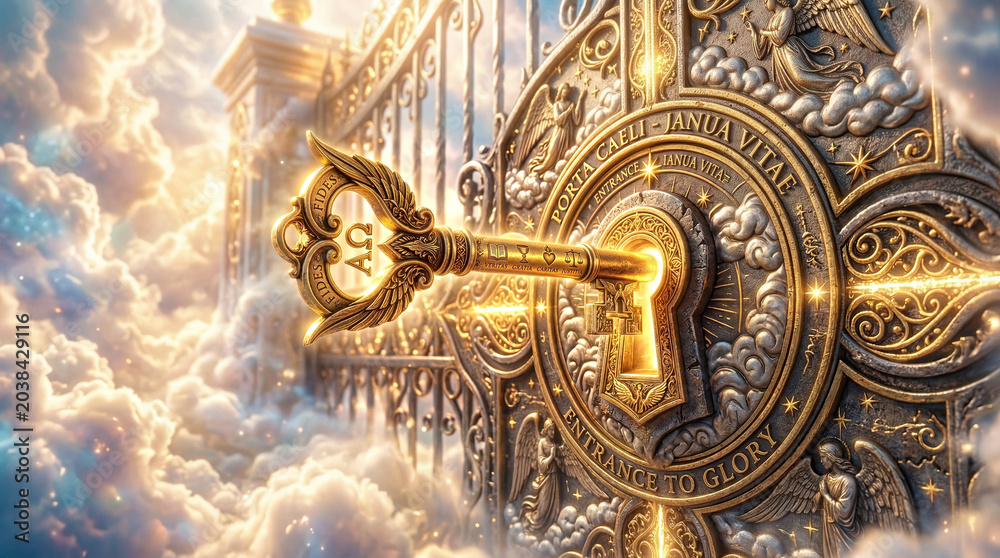 Obraz premium Ornate golden key in the lock of the celestial Gate of Heaven.