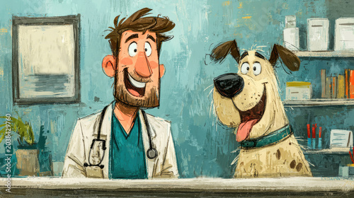 Happy Veterinarian and Dog in Veterinary Clinic Illustration