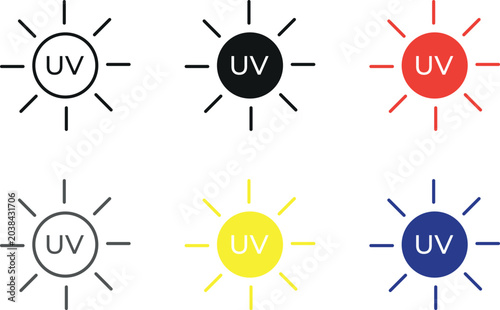 UV protection sun icon set with ultraviolet warning symbols for weather and skincare apps