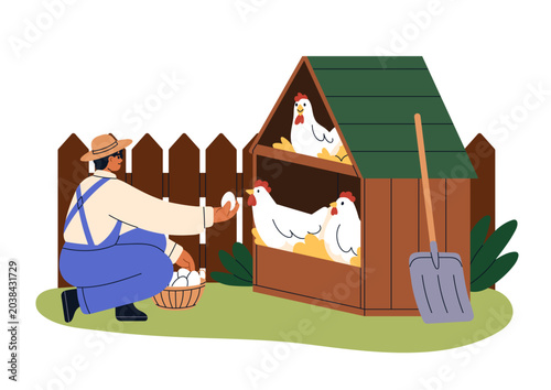 Farmer collecting eggs from chicken coop into basket. Rural farm work at henh...