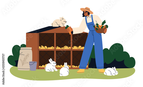 Female farmer feeding rabbits with carrots. Rural farm work, woman with veget...