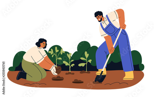 Farmers planting seedlings in garden, rural farm work. Man and woman digging ...