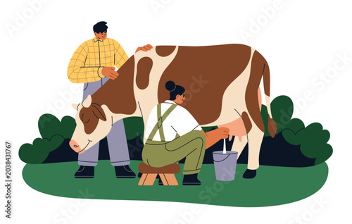 Farmers couple milking dairy cow in country. Rural farm workers. Work with ud...