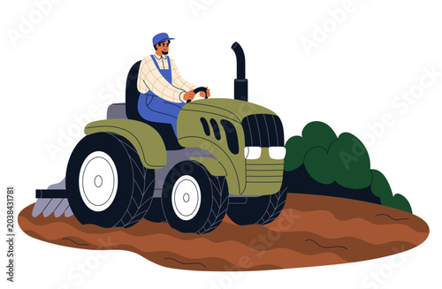Farmer driving tractor, plowing field. Rural farm work with country machine. ...