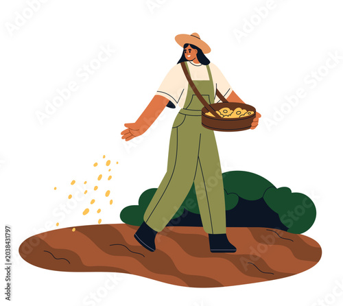 Farmer sowing seeds in field soil. Woman farm worker scattering, throwing, se...