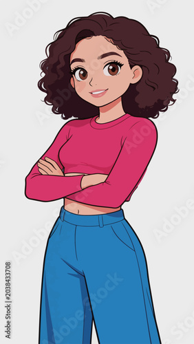 Cartoon young woman with curly hair posing with crossed arms