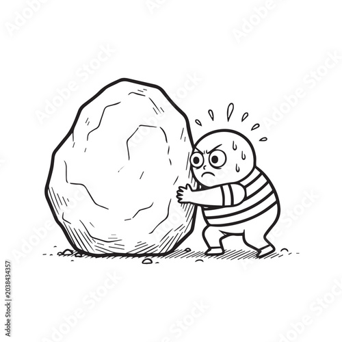 Bild auf Leinwand Cartoon drawing of person struggling to push a giant heavy boulder, business con
