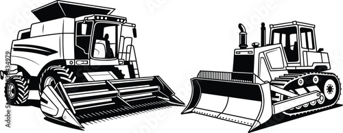 Fotografie Combine harvester and bulldozer silhouettes, vector illustration of heavy machin