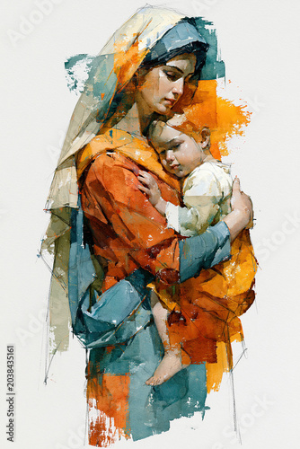 Mary and Baby Jesus Tender Motherhood Christian Watercolor Illustration