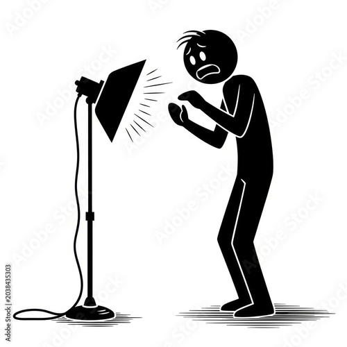 Man covering from bright studio lamp.